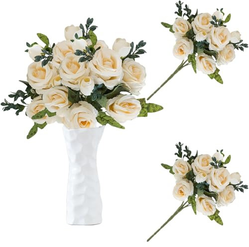 astylishome White Faux Flowers Bouquet Artificial Roses Long Stem Fake Rose Silk Bridal Wedding Bouquet Realistic Flower for Home Garden Party Hotel Office Decor Blossom Roses White 3204