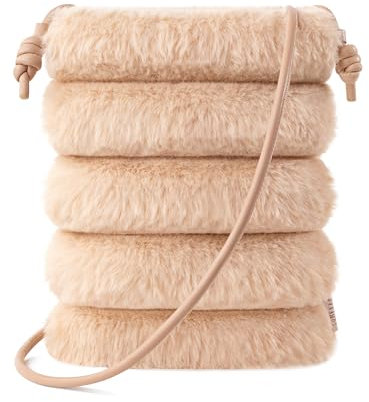 Comfyable Kleine Umhängetasche für Damen, Kunstfell, flauschig, gesteppt, Handy-Geldbörse mit Gurt, Mini-Plüsch-Puffer, Camel, camel, Medium