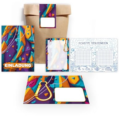 6 Einladungskarten zum Kindergeburtstag Mädchen Jungen Klettern Kletterpark bunte Einladungen zum Geburtstag incl. 6 Umschläge, 6 Tüten/natur, 6 Aufkleber, 6 Blöcke, 6 Schiffe versenken