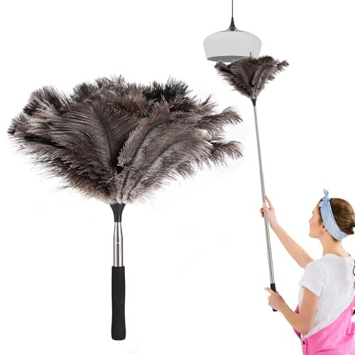 Ostrich Feather Duster with Telescoping Handle - Reusable Long Hand Duster Extendable Dusting Tool Extra for Cleaning High Ceiling Fan, Pendant Lamp, Blinds, Furniture, Electronics (47 inches)