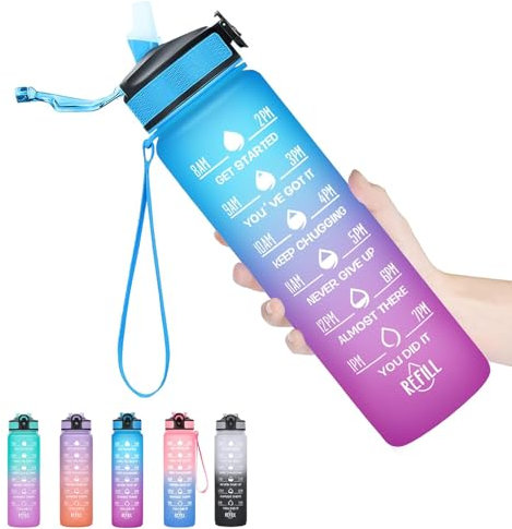Trinkflasche 1L, BPA-Frei Tritan Wasserflasche mit Strohhalm, Sport water bottle mit Zeitmarkierung für Fitness, Schule, Yoga, Outdoor (Rosa Hellblau)