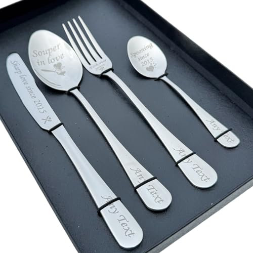 Personalised Engraved Stainless Steel Cutlery Set – Custom Text on Top & Handle – 4-Piece Gift in Black Box