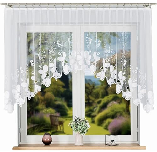 Home Dekorator Gardinen Weiss Transparent | Scheibengardine Landhaus 250 x 120 cm für Klemmensystem | Feine Gardine Boho mit Abgerundetem Mittelteil (Toedora)