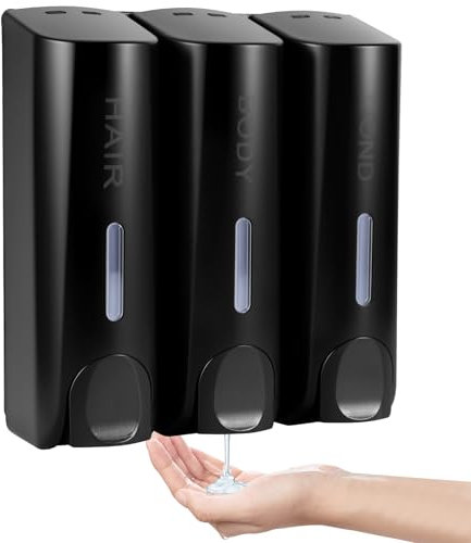Viitech 3-Chamber Wall Mounted Soap Dispenser (350ml x3), ABS Shampoo and Conditioner Dispenser with Clear Windows, Shower Gel Dispensers for Bathroom Kitchen (Black)