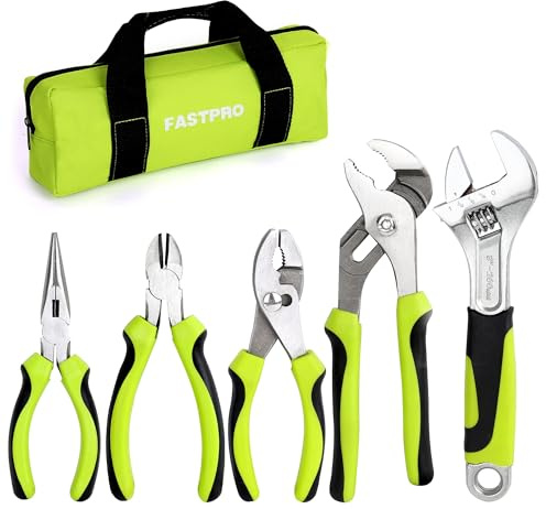 FASTPRO 5-Piece Utility Pliers Set with Storage Bag, Includes Groove Joint, Diagonal, Long Nose, Slip Joint Pliers and 8 Adjustable Wrench, Green