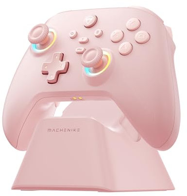 Machenike G3V2 Controller PC, Joystick pc, 2 Joystick Hall Regolabili, 2 Pulsanti Programmabili, Luci RGB a Colori, Per PC/switch/iOS/Android, Batteria 1000mAh, Base di Ricarica (Rosa, PE-Upgrade)