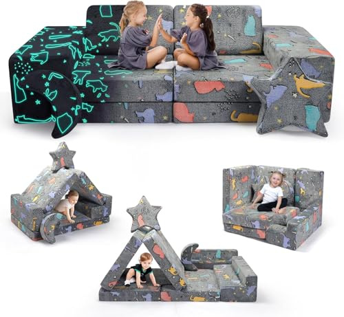 MINENICE Divano gioco modulare in schiuma per bambini, composto da 10 pezzi, conforme alle Con effetto luminoso (Divano per bambini - Set da 9 pezzi - Colore luminoso)