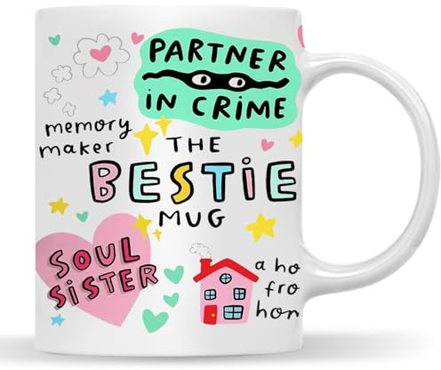 Komergave Bestie Mug, Best Friend Gift, Coloured My Happy Place Ceramic Cup, Best Besties BFF Gifts for Female Friend, Colleague or Partner, My Soul Sister, 11oz Work Office Tea Coffee Cup