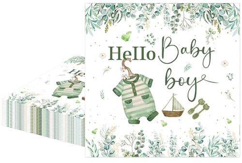 MORAINJAY 20 Stk Babyparty Deko Junge Papierservietten (33x33cm), Hello Baby Boy Grüne Servietten, Salbeigrün Napkin-BabyBoy Shower, Gender Reveal Party Dekoration Papierservietten, Taufe Tischdeko