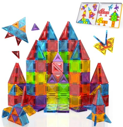 Mini Magnetic Tiles, 56PCS Travel Magnetic Tiles Building Blocks with Metal Box, Mini Magnet Toy Sensory Construction Toy Birthday for Kids Boys Girls Ages 3 4 5 6 7 8 9 10