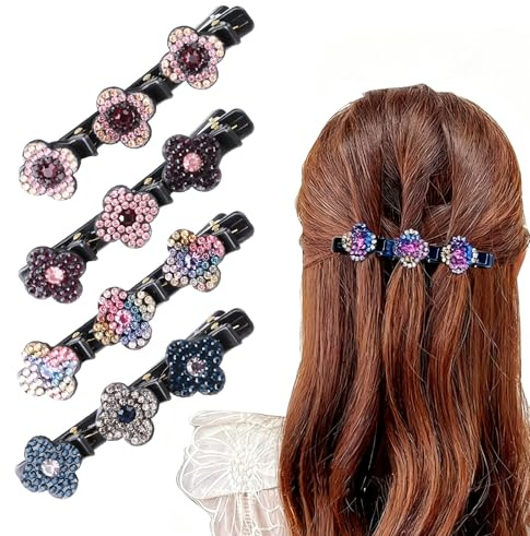 4 Stück Haarspangen Damen mit 3 Clips, Haarklammer mit Kristallblume Haarspangen Damen Dünnes Haar