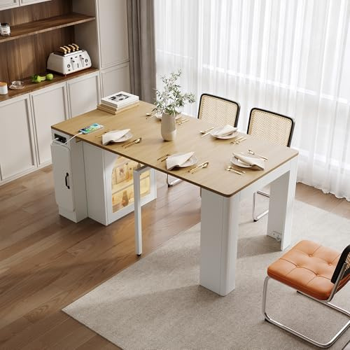 TIZZ Isla de cocina con ruedas, mesa de comedor extensible con tablero extraíble, carrito de servicio móvil con regletas, aparador o mesa de bar para cocina y comedor (blanco)