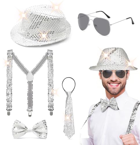 OPVYAEU 5-teiliges Disco Party Set Herren, silberne Pailletten mit Hut, Hosenträger, Krawatte, Fliege und Brille, glamouröses Kostüm für Party, Bühne, Halloween, Tanz, Silvester und Fest