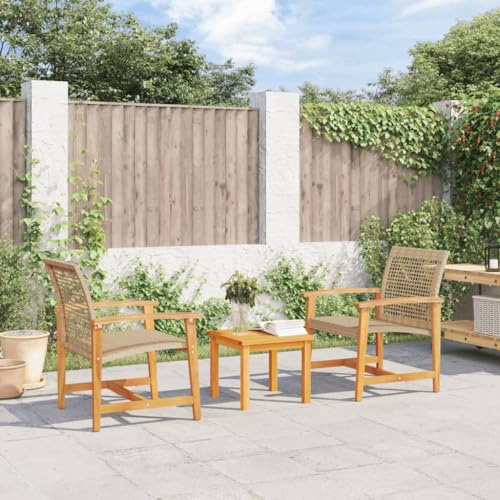 Hoopleep Gartenstühle 2er Set Beige aus UV-beständigem Poly Rattan, Akazienholz & Metall, 110kg Traglast, für Terrasse, Balkon, Außenbereich