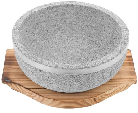 CHICAMPERA Bol Coréen Conserve la Chaleur 800ml en Pierre Naturelle avec Plateau en Bois pour Bibimbap à Domicile