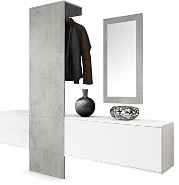 Vladon Garderobe Wandgarderobe Carlton Set 1, Made in Germany, Korpus in Weiß matt/Paneel und Spiegel in Beton Oxid Optik