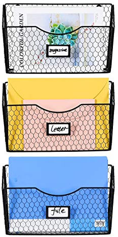 PAG Hängeregistraturenhalter mit 3 Fächern, Wandhalterung, Mail-Organizer, Metall, Hühnerdraht, Zeitschriftensammler mit Etikettenschlitz, schwarz