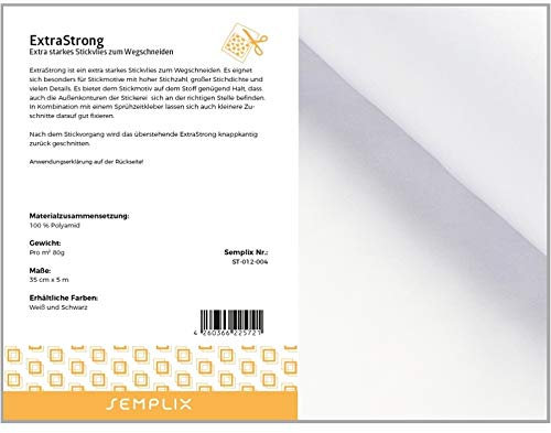 SEMPLIX ExtraStrong – extra Starkes Stickvlies zum Wegschneiden besonders für Stickmotive mit hoher Stichzahl/großer Stichdichte (weiß, 35 cm x 5 m)