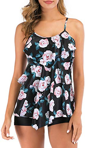 FLYILY Maillot de Bain 2 Pièces Femme Tankini Ensembles à Volants Maillot Haut Imprimé avec Short de Garçon(WhiteFlower,M)