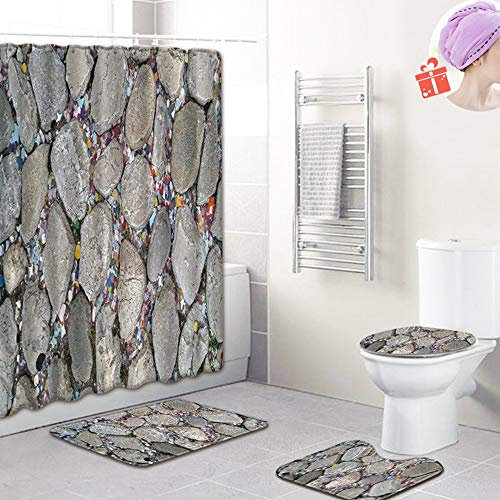 Enhome Badteppich Set 4teilig, 3D Drucken Badvorleger Bad Fußmatten Badezimmermatten Set mit Duschvorhang, Badematte, WC-Deckelbezug und rutschfeste Sockelteppich (Bunter Kies,Klein)