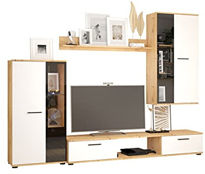 Mirjan24 Wohnwand Salsa, Design Mediawand, Modernes Wohnzimmer Set, Anbauwand, Hängeschrank, Vitrine, TV Lowboard, (Eiche Artisan/Weiß, ohne Beleuchtung)