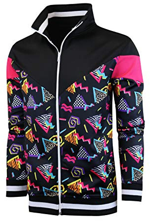 SCREENSHOT-F11904 Mens Urban Hip Hop Premium Track Jacket - Slim Fit 80's Retro Pattern Print Streetwear Fashion Top-Black/Pop-Large