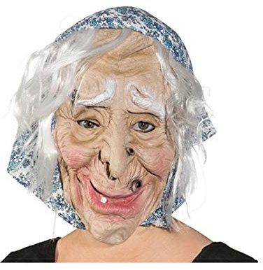 O40601-00 beige-blau Damen Herren Überziehmaske Hexe mit Kopftuch Hexenmaske