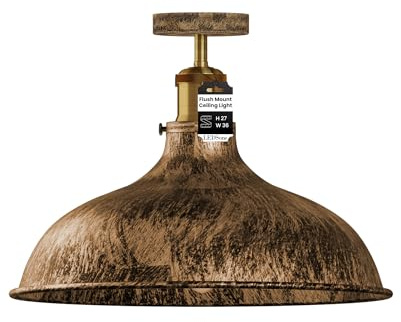 Brushed Copper Semi Flush Ceiling Light 36cm Metal Dome Shade Hardwired | E27 vintage close to ceiling light fitting easy fit industrial farmhouse for kitchen bedroom living room hallway without bulb