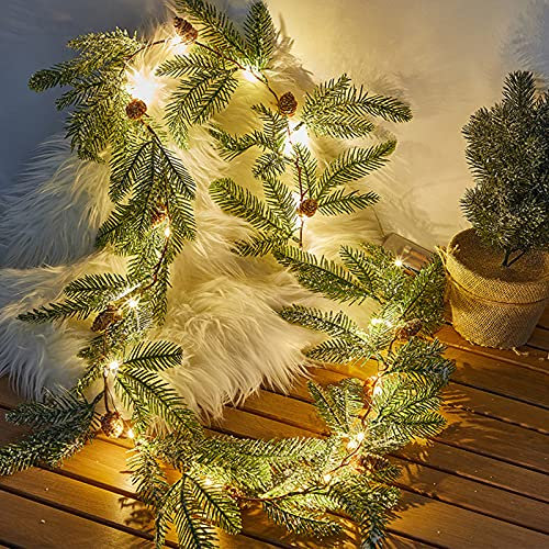 Beerengirlande, Tannengirlande mit Lichterkette, Girlande Weihnachten Beleuchtet, Kranz Weihnachten mit Beleuchtung, Stechpalme Tannenzapfen Rote Beeren Kiefernnadel Treppe Kamin Tischdekoration (B)