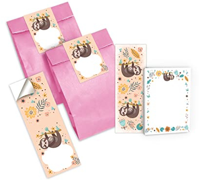 Junapack 6 Lesezeichen + 6 Mini-Notizblöcke + 6 Geschenktüten (rosa) + 6 Aufkleber Faultier Mitgebsel Gastgeschenk beim Kindergeburtstag Mädchen Jungen
