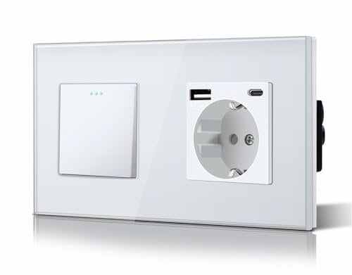 BSEED Druckknopf Rocker Tactile 1 Fach 2 Weg Lichtschalter Glas und 3 in 1 Steckdose mit 2.1A USB Ladeleistung mit Type C Adapter Aufladestation Glasscheibe Wandschalter Weiß