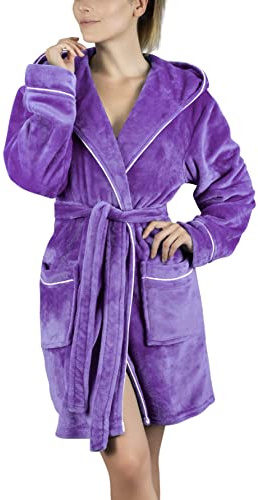 Gräfenstayn Bademantel Damen flauschig mit Kapuze - Kuschelfleece - Öko-Tex Standard 100 - Morgenmantel leicht & kurz - Größe (M, Lila)