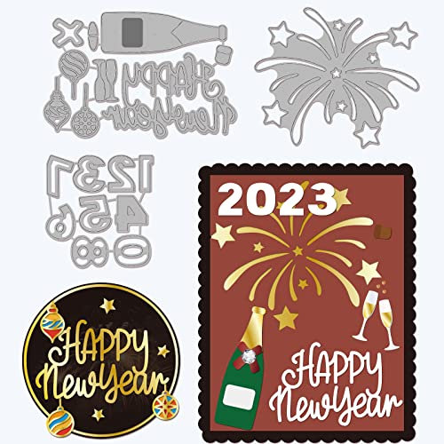 GLOBLELAND 3 Set Frohes Neues Jahr Stanzformen für die Herstellung von Kartendekoration Champagner Feuerwerk Stanzformen Schablonen für Scrapbooking Fotoalbum