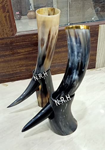 2er Set Ochsenhorn Trinken Bier Messing Rand Mittelalter Wikinger Horn mit Ständer