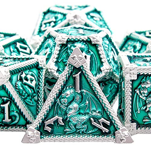 SIQUK 7 Stücke Würfel Metall Set DND Würfel Polyedrisch Würfel Metall Spielwürfel D20 D12 D10 D% D8 D6 D4 DND Dice Metal für RPG D&D Dungeons and Dragons, Smaragd