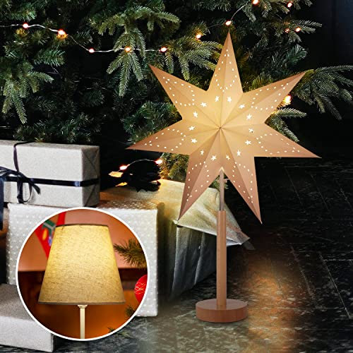 SALCAR LED Tischlampe mit Weihnachtsstern, 3D Adventsstern beleuchtet aus Papier mit Holz-Sockel / E14 Lampe, Weihnachtsdeko Tisch mit Wechselschirm, 45cm Papierstern Weiß und Lampenschirm Warm