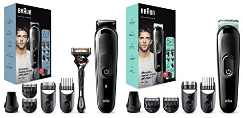 Braun 7-in-1 All-in-One Series 3, Male Grooming Kit with Beard Trimmer, Hair Clippers, MGK3245, Black/Blue Razor & 6-in-1 All-in-One Trimmer Series 3, Male Grooming Kit, MGK3221, Black/Volt Green