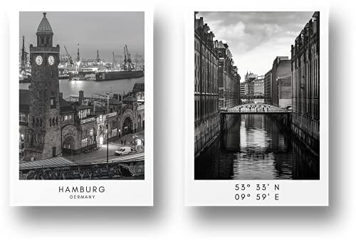 Freyheit | Premium Poster Set | stilvolles 2er-Set mit passenden Bildern in schwarz-weiß | 2 Stück in DIN A4 (21x30cm) oder DIN A3 (30x42cm) | ohne Bilderrahmen » Städte « (Hamburg, A3)