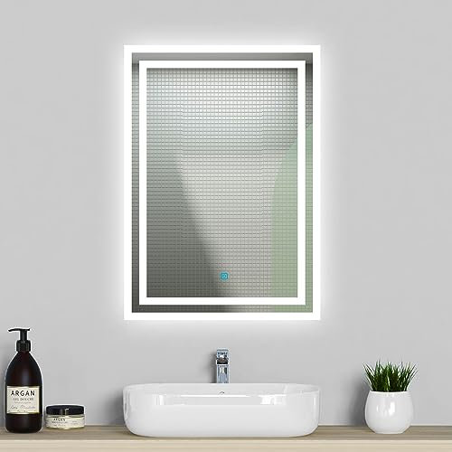 Acezanble 600x500 Bathroom Wall Mirror with LED Lights, LED Bathroom Mirror Anti-fog, Touch Sensor Switch, Wall Mounted Vanity Vertical Horizontal