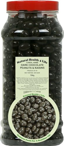 Natural Health 4 Life Carol Anne Dark Chocolate Peanuts and Raisins 750g in Recyclable Gift Jar, Rich Cocoa Coated Snack, Gluten Free, Dark Chocolate Nuts for Gifting, Sharing, Baking