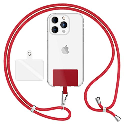 NALIA HoldMe Air Universal-Kette mit Pad, Band für Handy-Hülle zum Umhängen, Karabinerhaken aus Metall (silber), Schlüsselband Umhängeband 160 CM, Crossbody Lanyard mit Schlaufe, Farbe:Rot