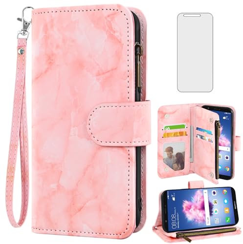 Asuwish Cover per Huawei P Smart 2017 2018/Honor 9 Lite con Pellicola Vetro Temperato E Supporto Pelle Portacarte Portafoglio Custodia per protettiva Hawaii PSmart 9Lite FIG-LX1 LLD-L31 Case Rosa