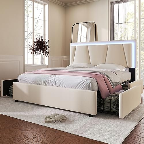 Merax Polsterbett 140x200cm mit LED-Beleuchtung und 4 Schubladen, Doppelbett Bettgestell mit Lattenrost und Höhenverstellbarem Kopfteil, Stauraumbetten, Leinenmaterial, Jugendbett,ohne Matratze,Beige