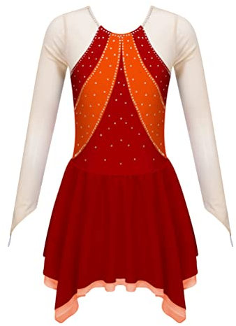 Aislor Tanzkleid Mädchen Pailletten Eiskunstlauf Kleid Kinder Langarm Ballettkleid Tanztrikot mit Rock Kleider Gymnastikanzug Wettbewerb Tanz Kostüme Y Rot 146-152