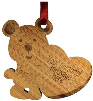 Personalised Bamboo Teddy Bear Heart Valentine's/Christmas Ornament - Tree Hanging Decoration Engraved with Personal Message