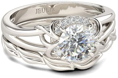 Jeulia Brautring-Set, Blatt-Design, Sterlingsilber, Ring-Set, Halo-Rundschliff, Verlobung, Jahrestag, Versprechen, Bandringe mit Schmuckschatulle (Silber, 58(18.5))