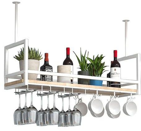 Portabottiglie sospeso con portabicchiere | Portabottiglie da soffitto | Portabottiglie da Vino Industriale Bianco da Appendere | Mensola Decorativa Galleggiante per Bar, ristoranti, Cucina (Size : 8