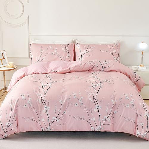 Jemiipee Set Copripiumino Floreale Letto Matrimoniale Motivo a Fiori e Rami, 1 x Copripiumino 230x260 cm e 2 x Federe 50x90 cm Completo Sacco Parure Letto Moderno Microfibra Rosa