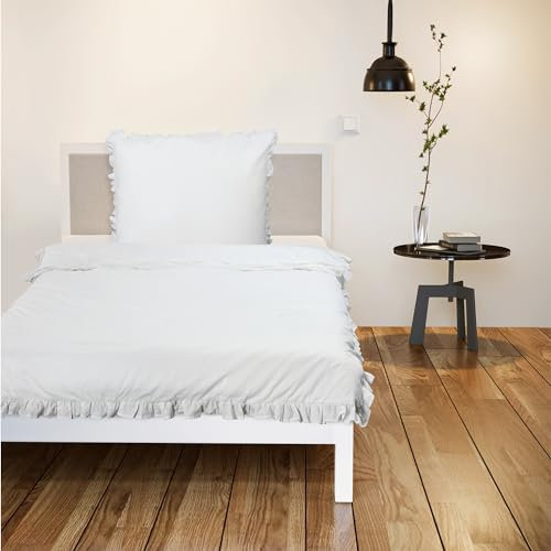 JEMIDI Bettwäsche mit Rüschen Set - 135 x 200 cm - Einzel Set weiße Bettwäsche - Vintage Deckenbezug und Kopfkissenbezug - Weiß