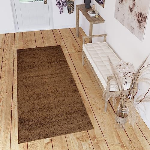 TAPISO Delhi Teppichläufer Hochflor Shaggy Braun Einfarbig Modern Design Flauschig Langflor Weich Wohnzimmer Schlafzimmer Flur ÖKO-TEX 90 x 200 cm